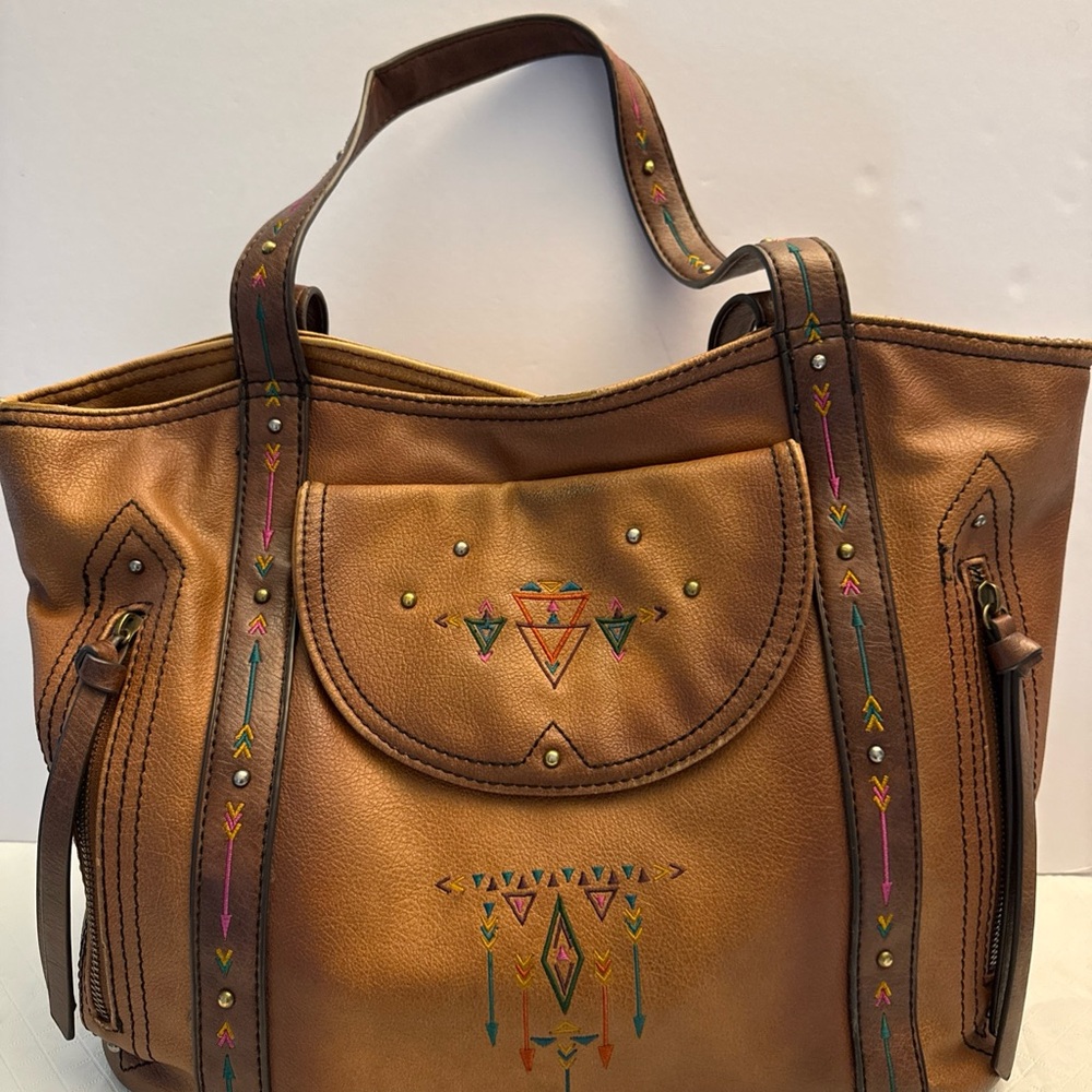 Women’s Brown Leather Tote Bag with Embroidered Accents